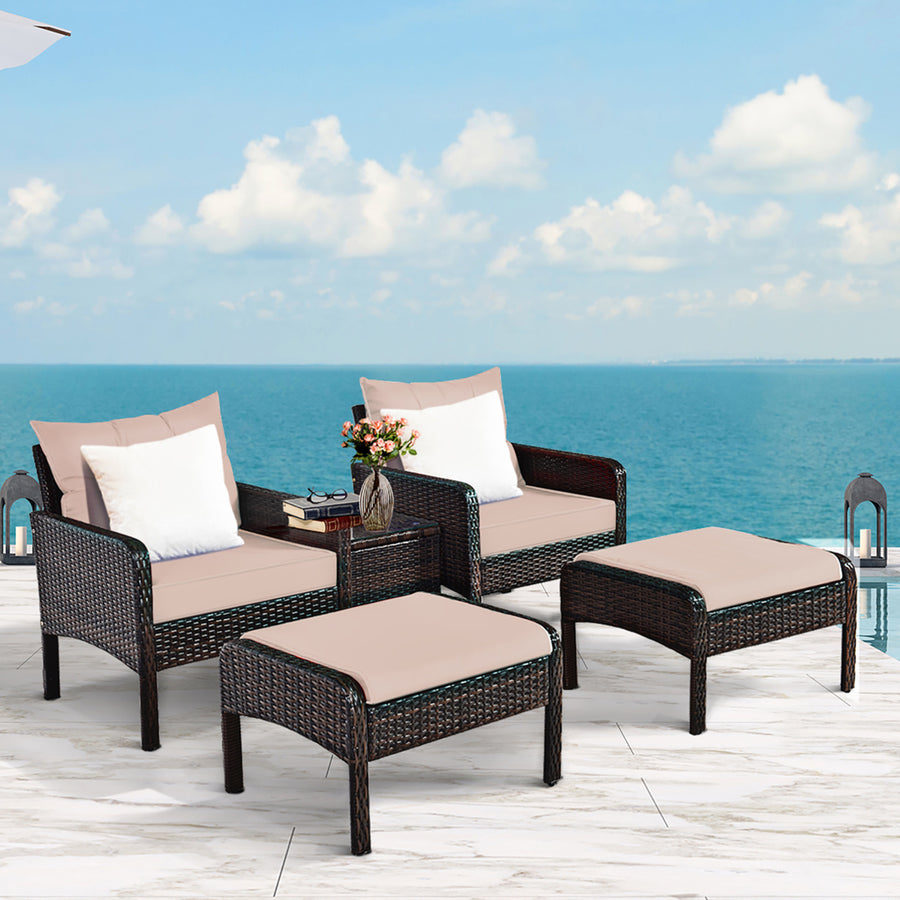 5 PCS Patio Rattan Wicker Furniture Set Sofa Ottoman Coffee Table Cushioned Yard Image 1