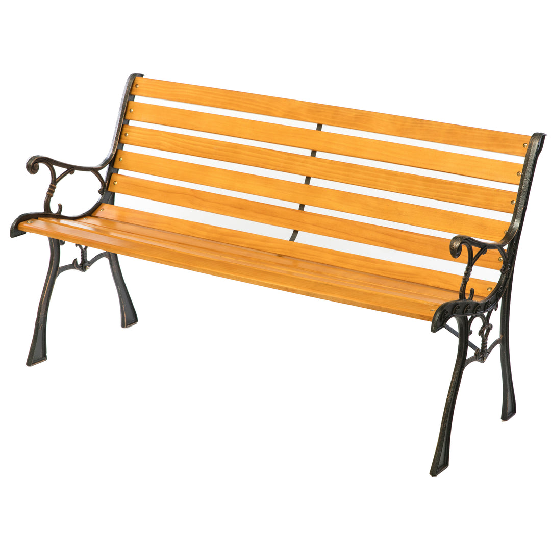 Wooden Garden Bench with Steel Armrests Outdoor Patio Seating for 3 People Image 1