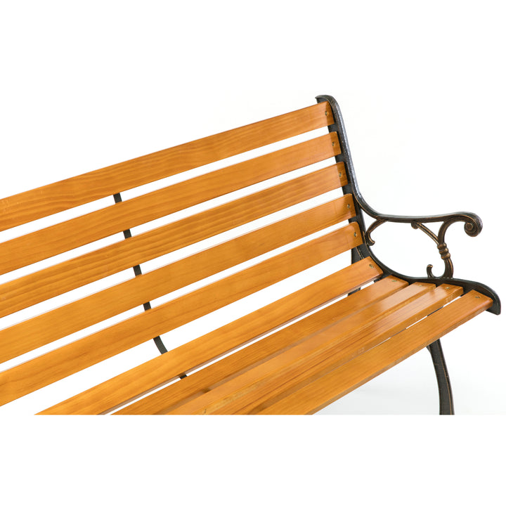 Wooden Garden Bench with Steel Armrests Outdoor Patio Seating for 3 People Image 8