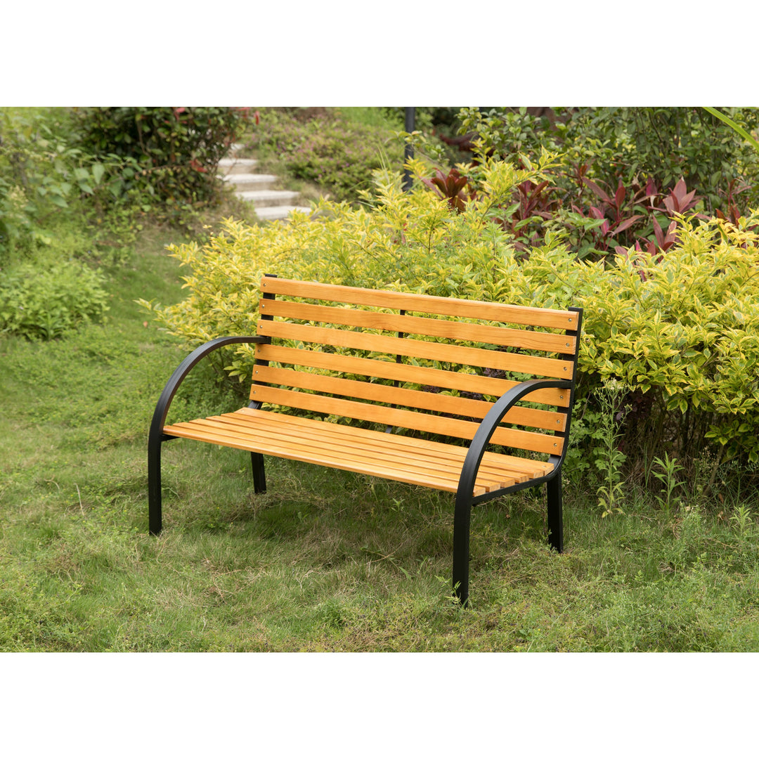 Classical Wooden Slats Outdoor Park Bench Steel Frame Seating for Yard Patio Garden Image 3