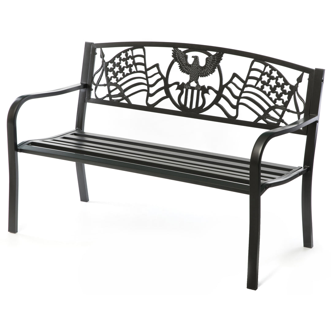 Steel Outdoor Patio Garden Park Seating Bench with Cast Iron Patriotic American Flag and Eagle Backrest, Front Porch Image 1