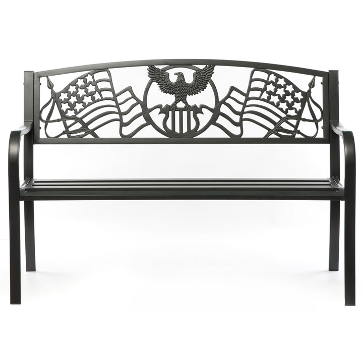 Steel Outdoor Patio Bench with Cast Iron American Flag Eagle Backrest 3-Seater Image 2