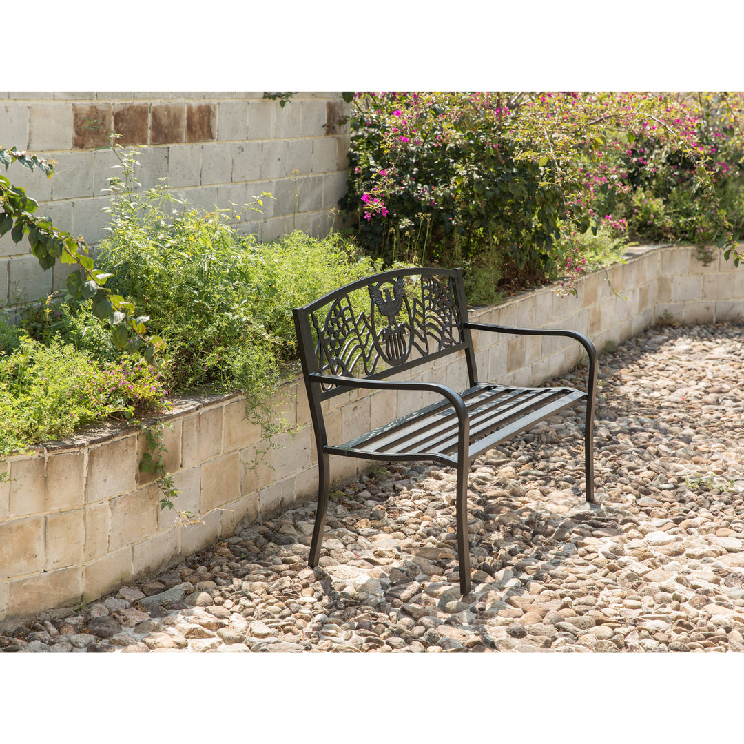 Steel Outdoor Patio Garden Park Seating Bench with Cast Iron Patriotic American Flag and Eagle Backrest, Front Porch Image 3