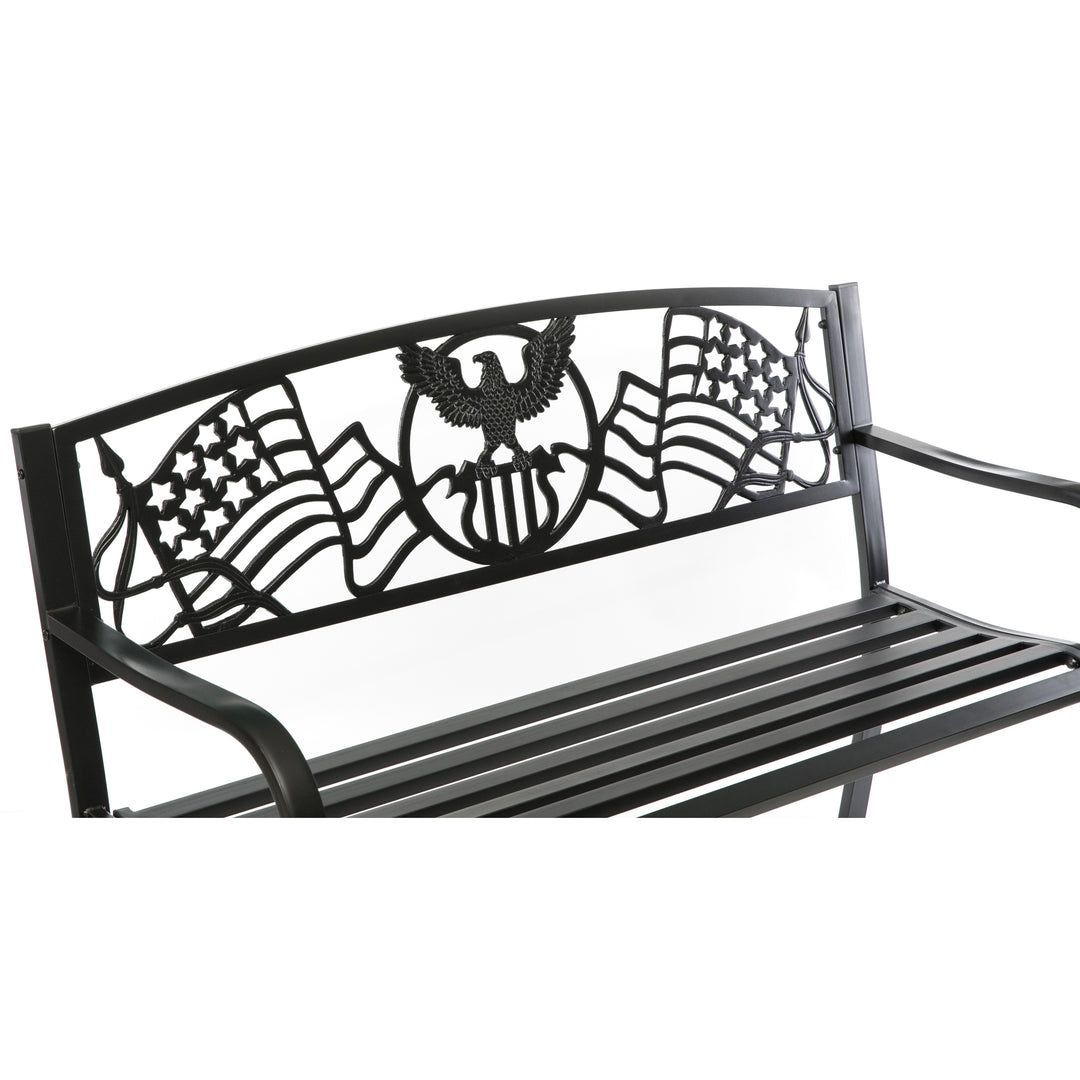 Steel Outdoor Patio Bench with Cast Iron American Flag Eagle Backrest 3-Seater Image 6