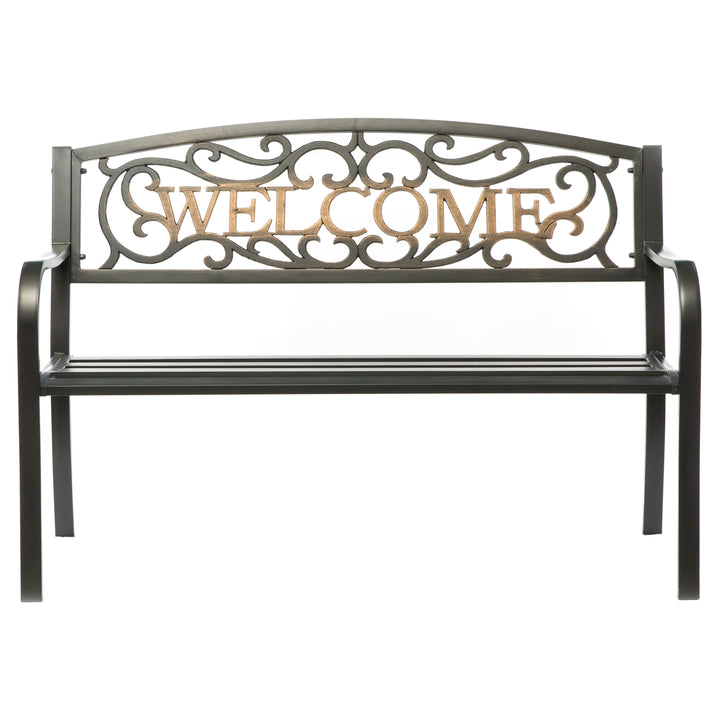 Steel Outdoor Garden Bench with Cast Iron Welcome Backrest Lawn Decor Seating Image 2