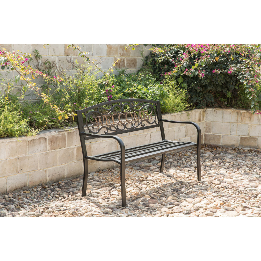 Steel Outdoor Garden Bench with Cast Iron Welcome Backrest Lawn Decor Seating Image 3