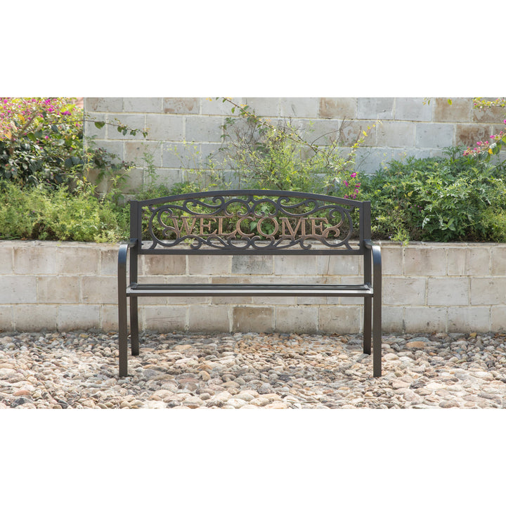 Steel Outdoor Garden Bench with Cast Iron Welcome Backrest Lawn Decor Seating Image 5