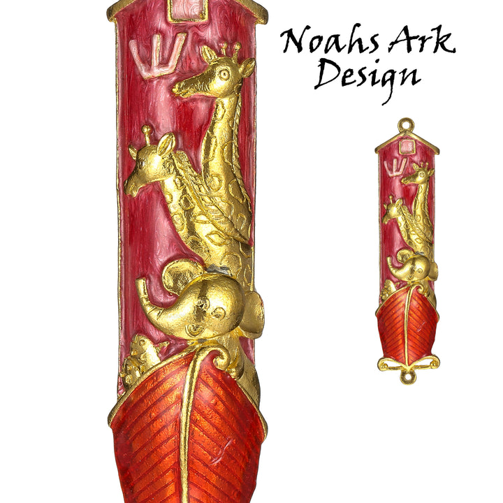 Hand Painted Red Enamel Noahs Ark Mezuzah with Gold Accents and fine Crystals by Matashi Image 6