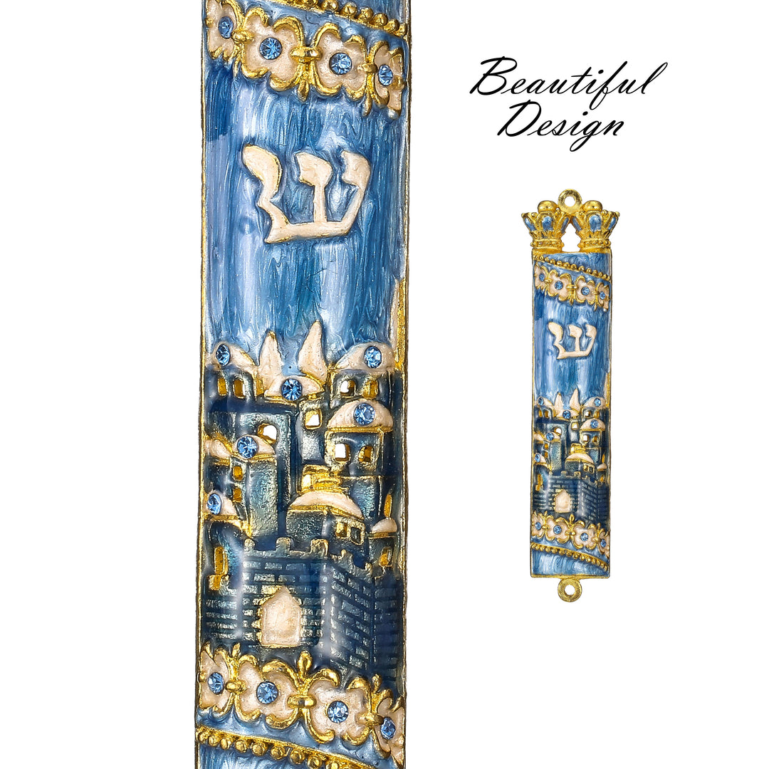 Matashi Hand Painted Blue Enamel Mezuzah with Jerusalem City Design with Gold Accents and fine Crystals Image 6