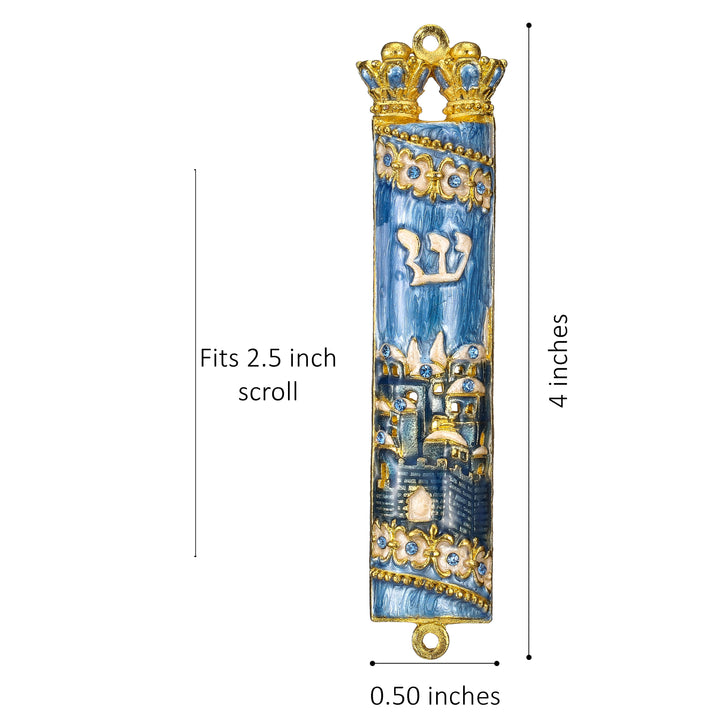 Matashi Hand Painted Blue Enamel Mezuzah with Jerusalem City Design with Gold Accents and fine Crystals Image 7