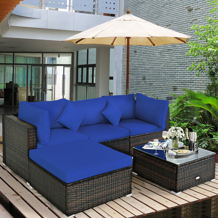 5PC Rattan Patio Conversation Set Outdoor Furniture Set w/ Ottoman Cushion Image 4