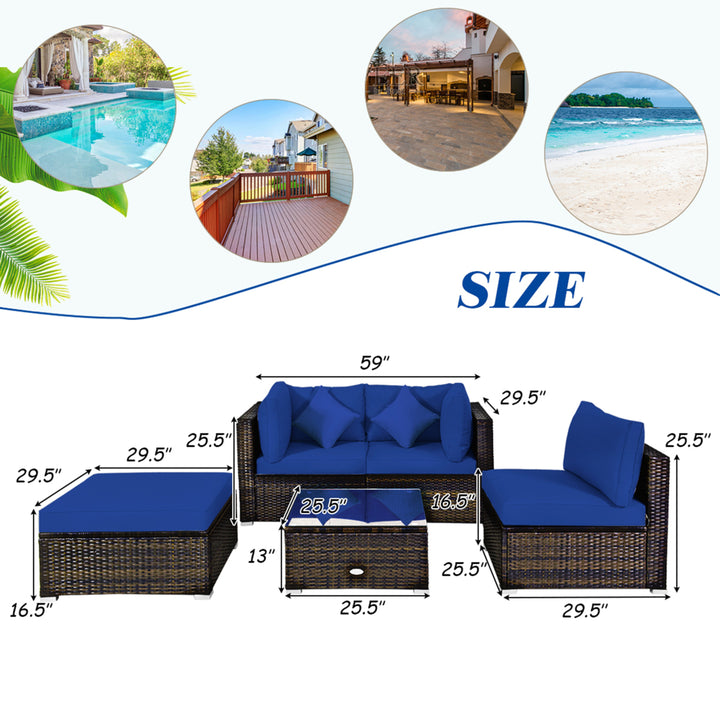 5PC Rattan Patio Conversation Set Outdoor Furniture Set w/ Ottoman Cushion Image 5