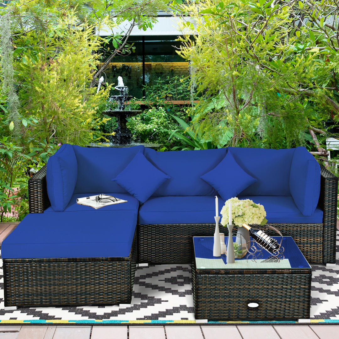 5PC Rattan Patio Conversation Set Outdoor Furniture Set w/ Ottoman Cushion Image 3