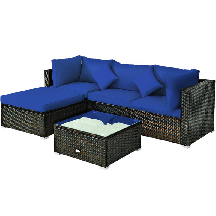 5PC Rattan Patio Conversation Set Outdoor Furniture Set w/ Ottoman Cushion Image 2