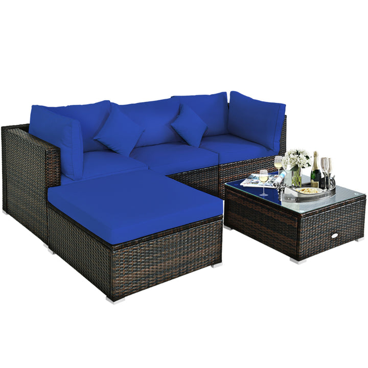 5PC Rattan Patio Conversation Set Outdoor Furniture Set w/ Ottoman Cushion Image 6