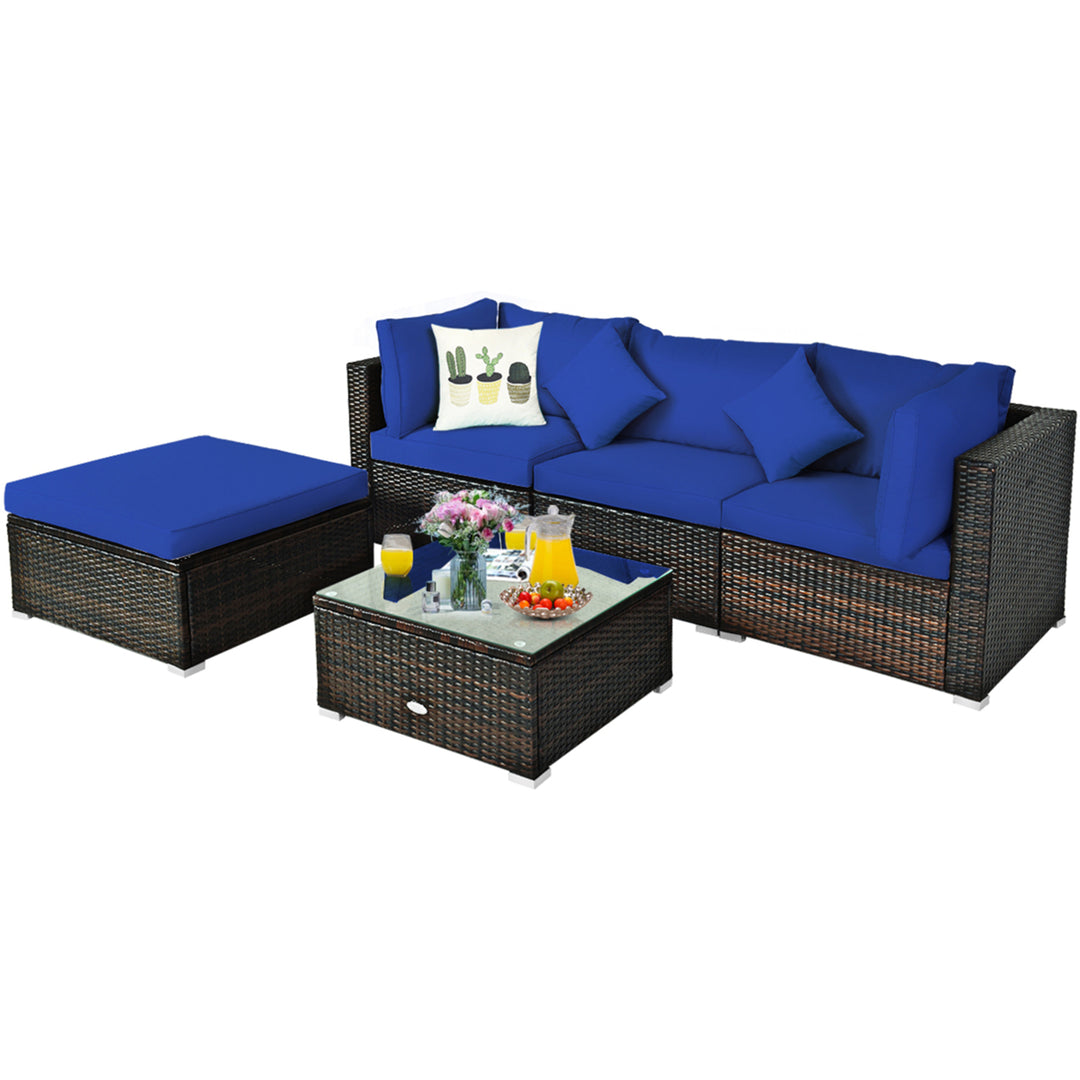 5PC Rattan Patio Conversation Set Outdoor Furniture Set w/ Ottoman Cushion Image 7