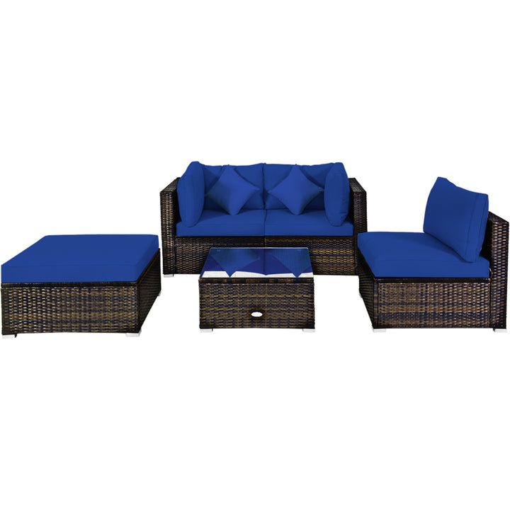 5PC Rattan Patio Conversation Set Outdoor Furniture Set w/ Ottoman Cushion Image 8