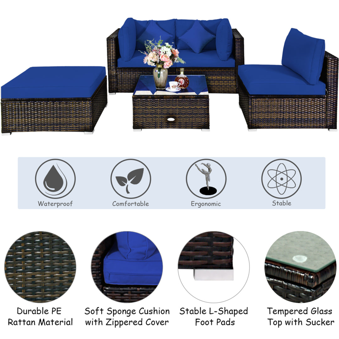 5PC Rattan Patio Conversation Set Outdoor Furniture Set w/ Ottoman Cushion Image 10