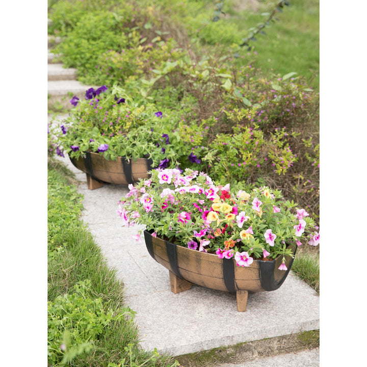 Rustic Wood Look Plastic Half Barrel Flower Pot Garden Planter 11.75 Inch Pack of 2 Image 8