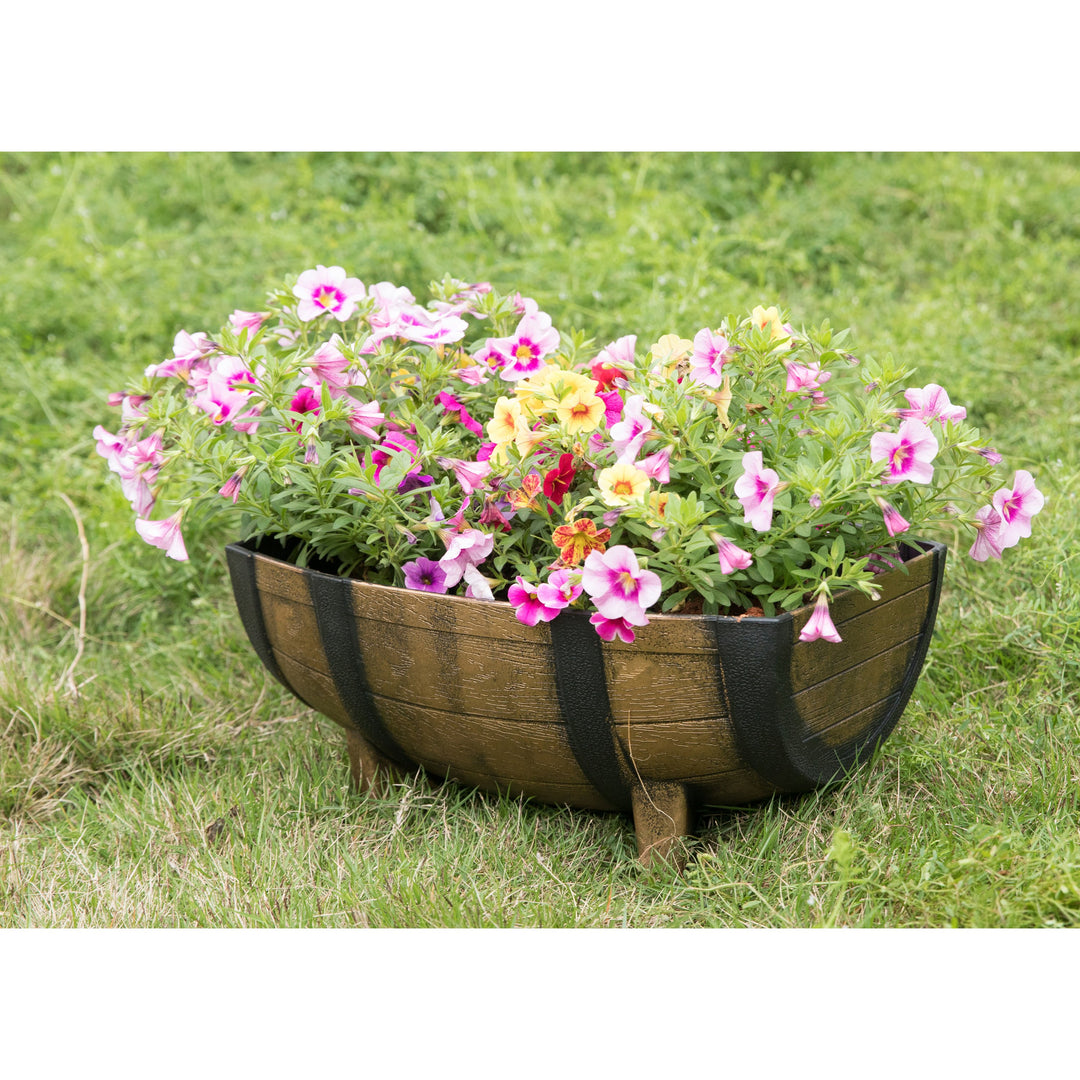 Rustic Wood Look Plastic Half Barrel Flower Pot Garden Planter 11.75 Inch Pack of 2 Image 9