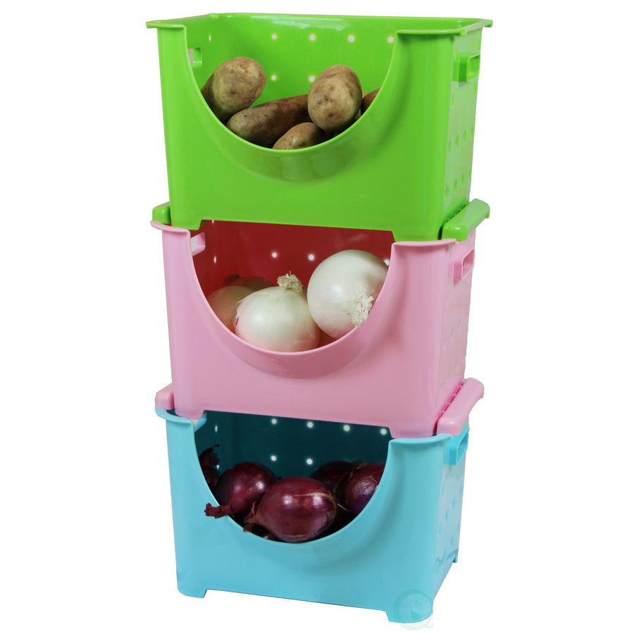 Stackable Plastic Storage Containers Set of 3 Blue Green Pink 10.3x11.1x9.1 Durable Image 1