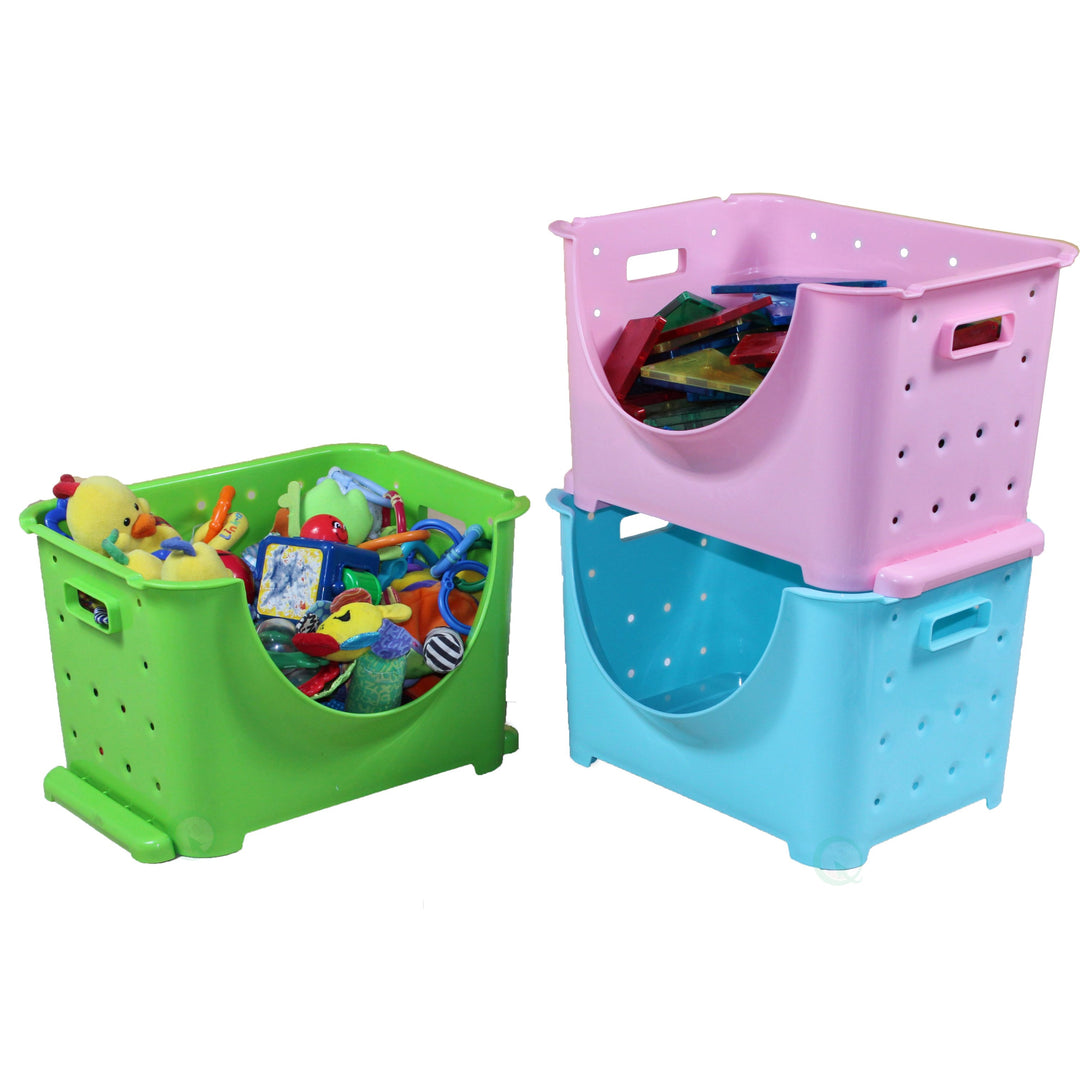 Stackable Plastic Storage Containers Set of 3 Blue Green Pink 10.3x11.1x9.1 Durable Image 2