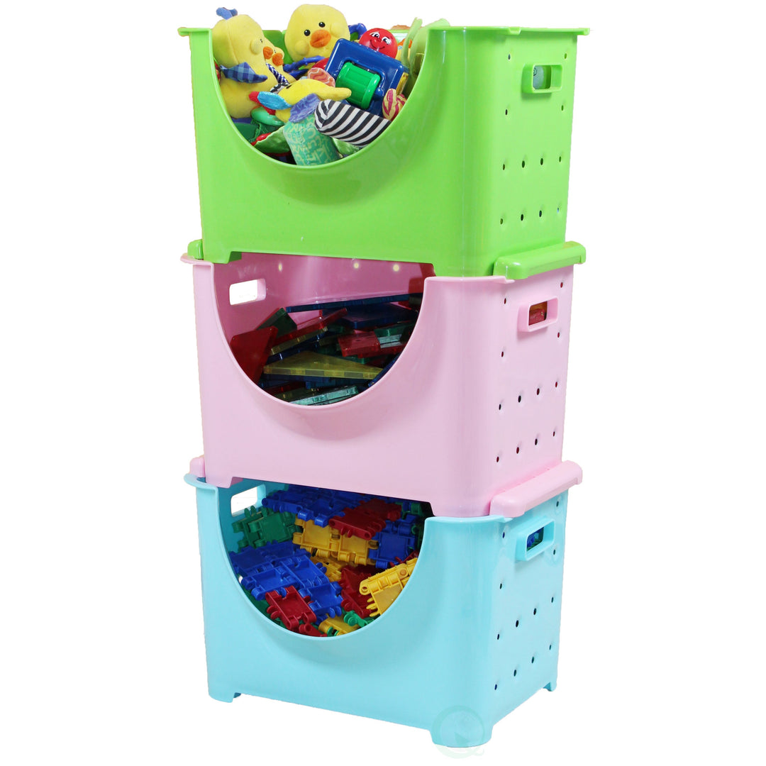 Stackable Plastic Storage Containers Set of 3 Blue Green Pink 10.3x11.1x9.1 Durable Image 3