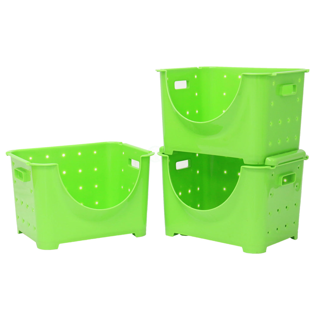 Stackable Plastic Storage Containers Set of 3 Blue Green Pink 10.3x11.1x9.1 Durable Image 6