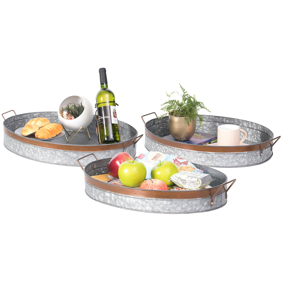 Galvanized Metal Oval Rustic Serving Tray with Handles Large Decorative Tray Image 1