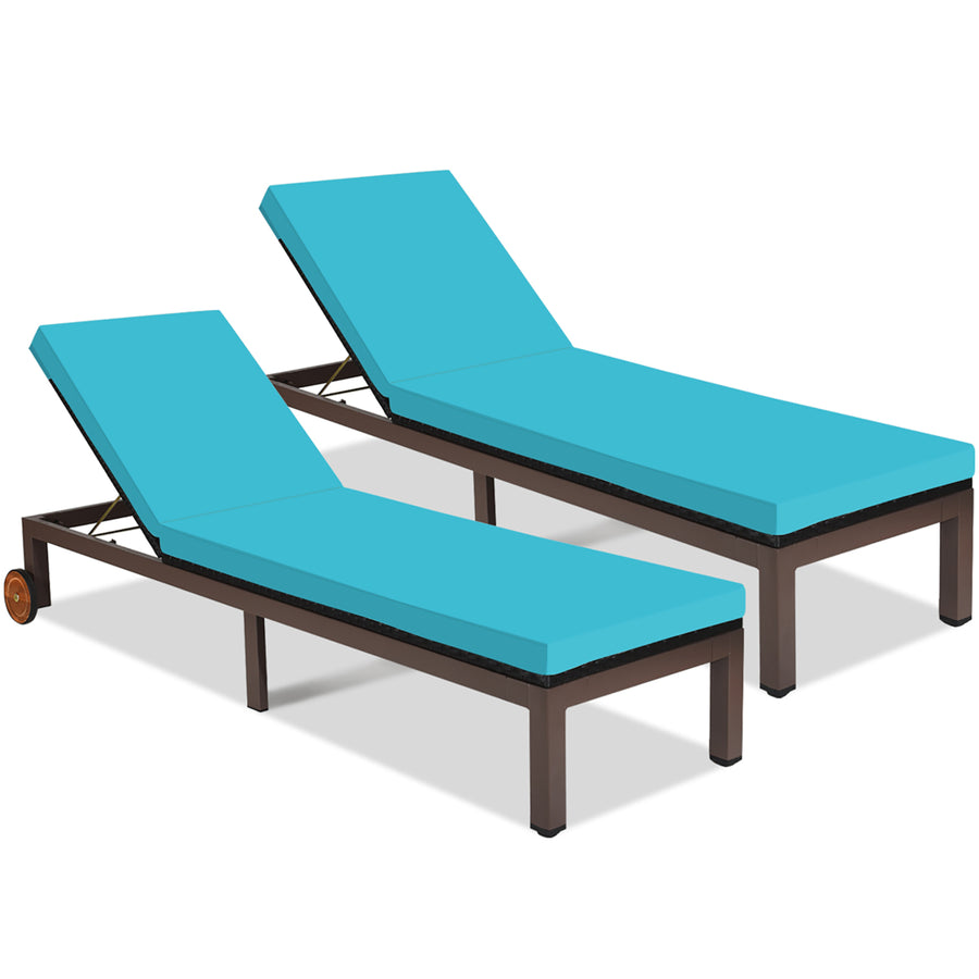 2PC Patio Rattan Lounge Chair Chaise Recliner Back Adjustable W/Wheels Cushioned Turquoise\White Image 1