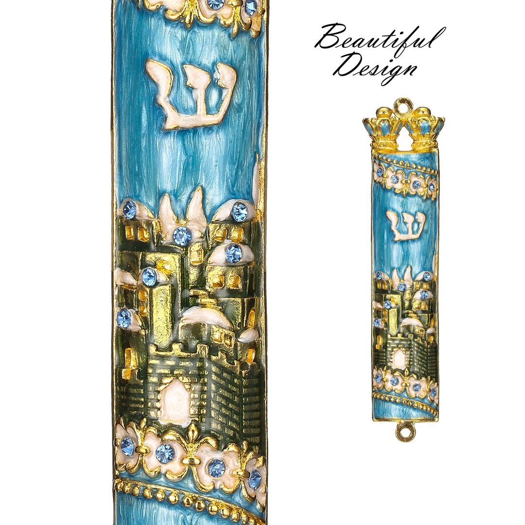 Hand Painted Blue and Green Enamel Mezuzah with Jerusalem City Design with Gold Accents and fine Crystals by Matashi Image 6