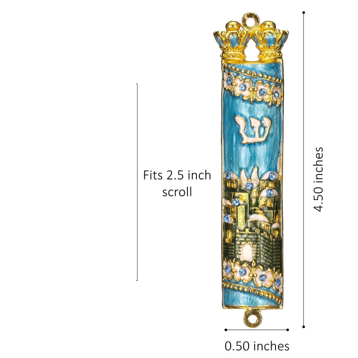 Hand Painted Blue and Green Enamel Mezuzah with Jerusalem City Design with Gold Accents and fine Crystals by Matashi Image 7