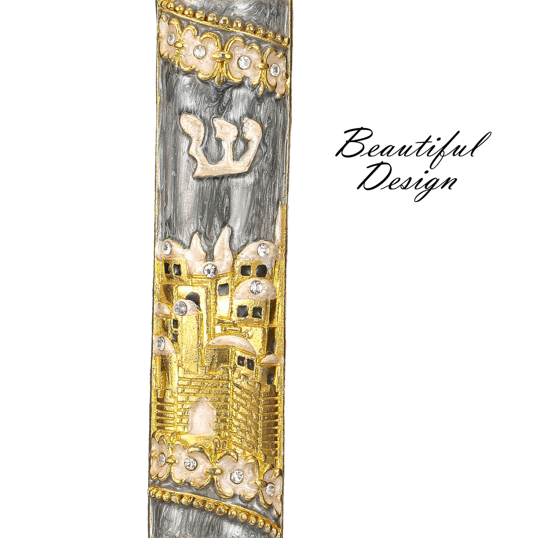 Matashi Hand Painted Grey Enamel Mezuzah with Jerusalem City Design with Gold Accents and fine Crystals Image 6