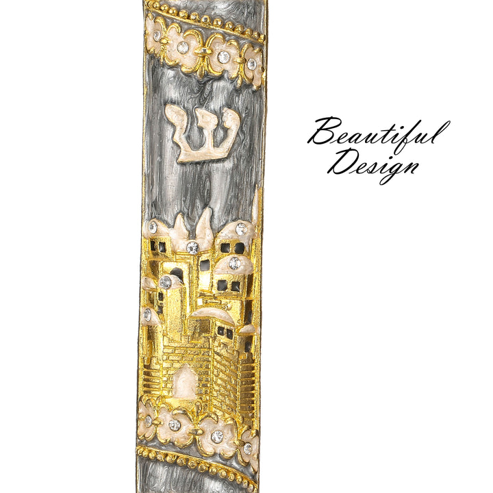 Matashi Hand Painted Grey Enamel Mezuzah with Jerusalem City Design with Gold Accents and fine Crystals Image 6