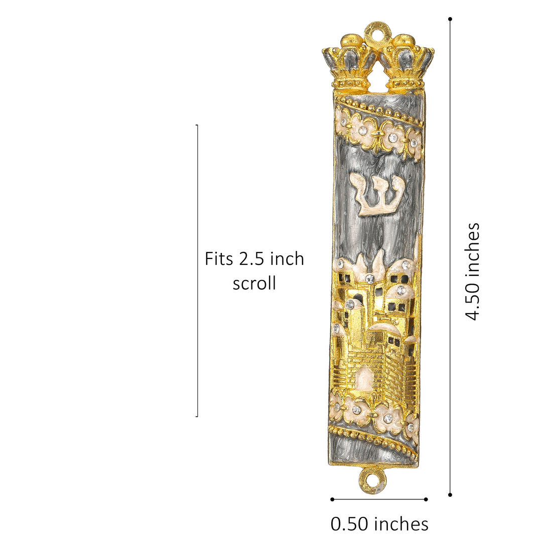 Matashi Hand Painted Grey Enamel Mezuzah with Jerusalem City Design with Gold Accents and fine Crystals Image 7