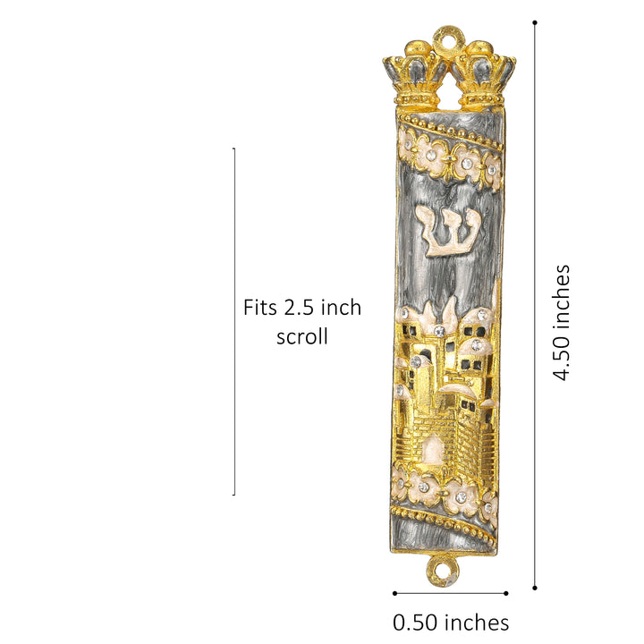 Matashi Hand Painted Grey Enamel Mezuzah with Jerusalem City Design with Gold Accents and fine Crystals Image 7