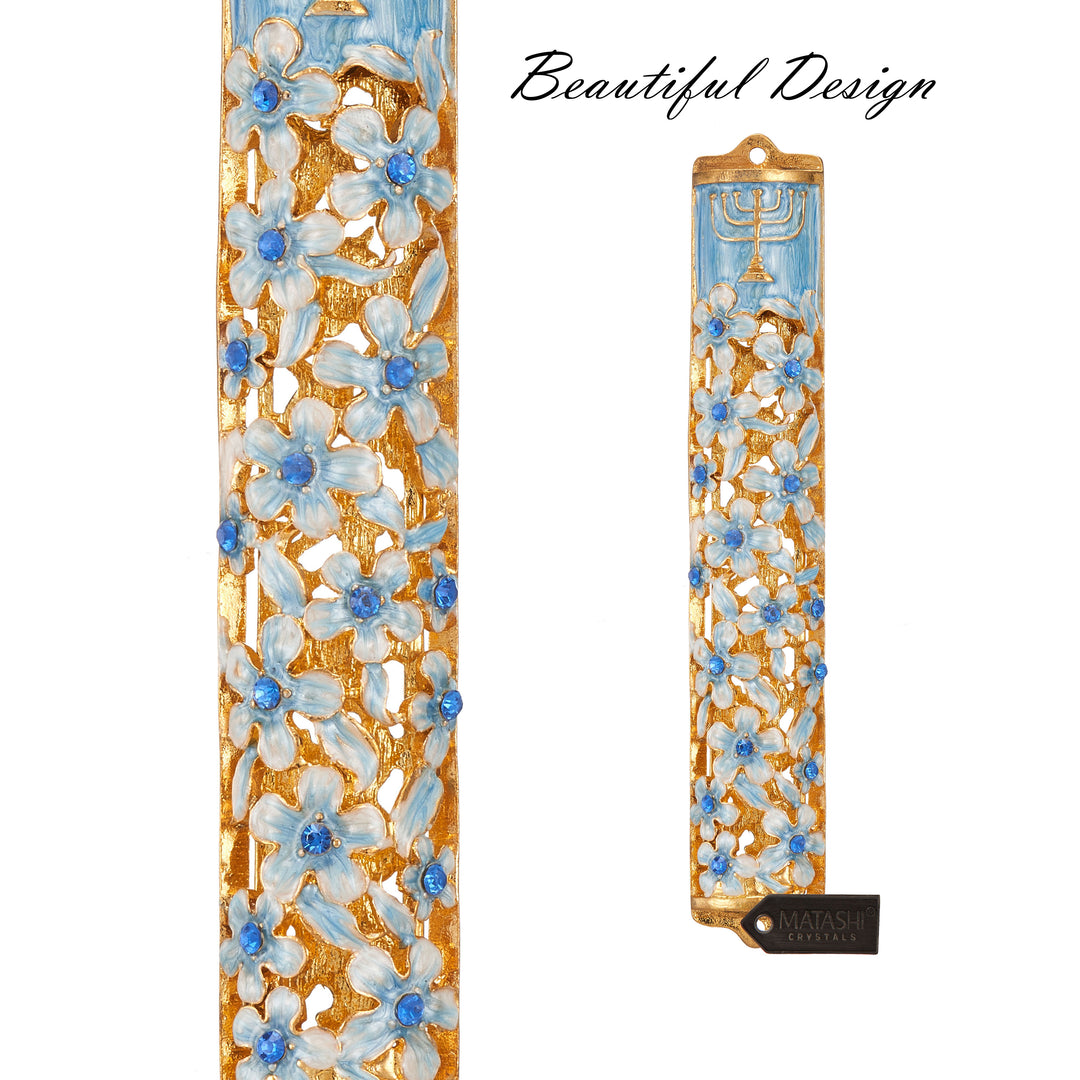 Matashi Hand Painted 5.5" Blue and Ivory Enamel Flower Mezuzah Embellished w/ Gold Accents,Menorah Design and fine Image 6