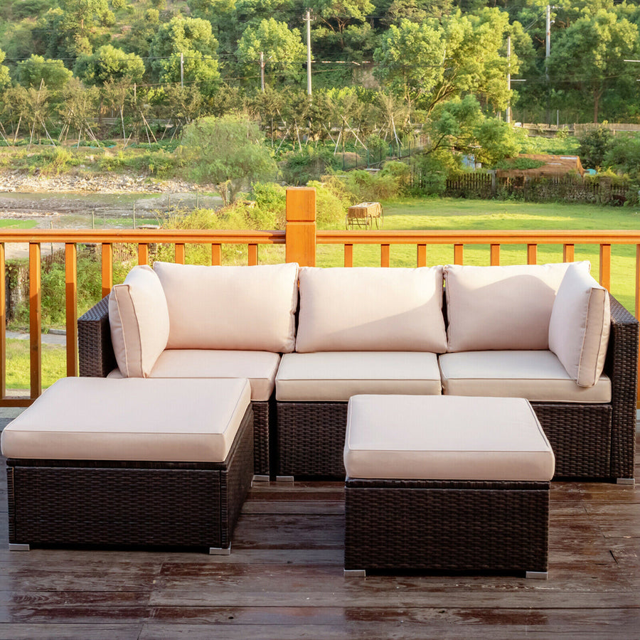 5PCS Rattan Patio Conversation Set Outdoor Furniture Set w/ Ottoman Cushion Image 1