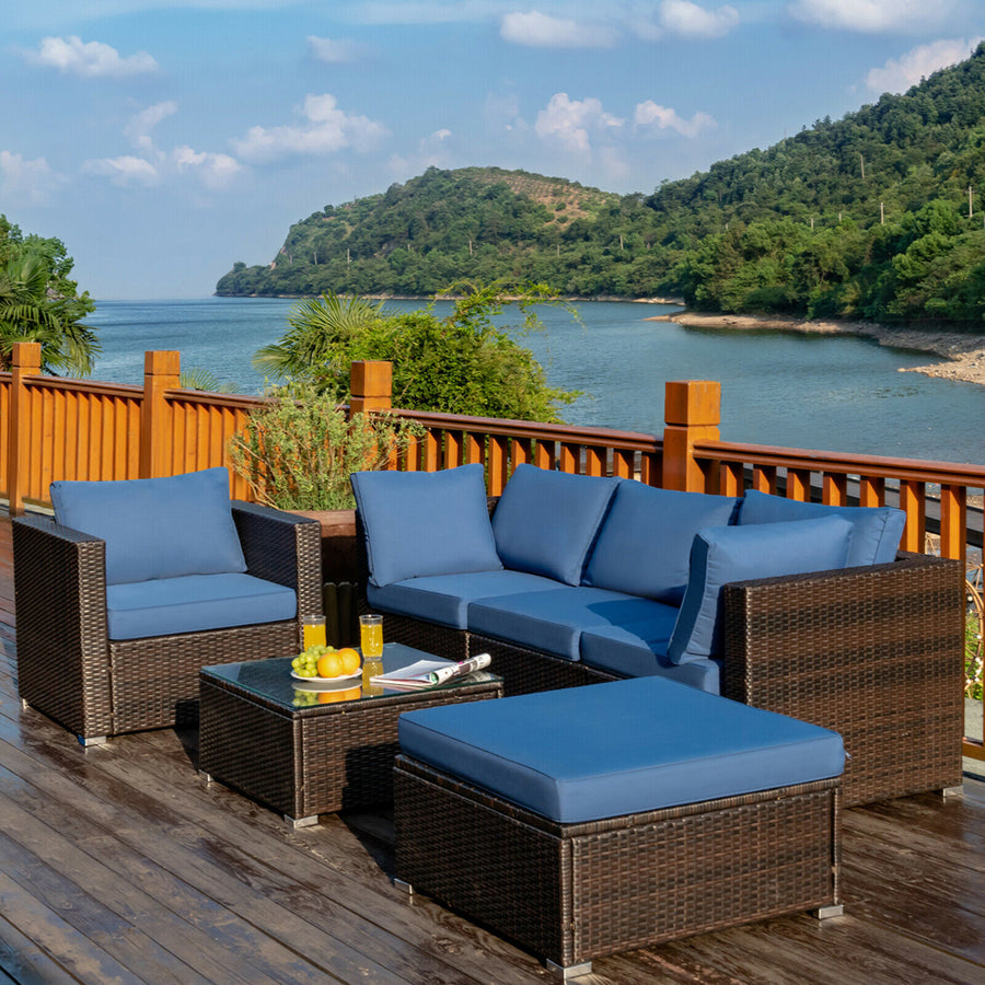 6PCS Patio Conversation Set Rattan Sectional Furniture Set w/ Navy Cushion Image 1