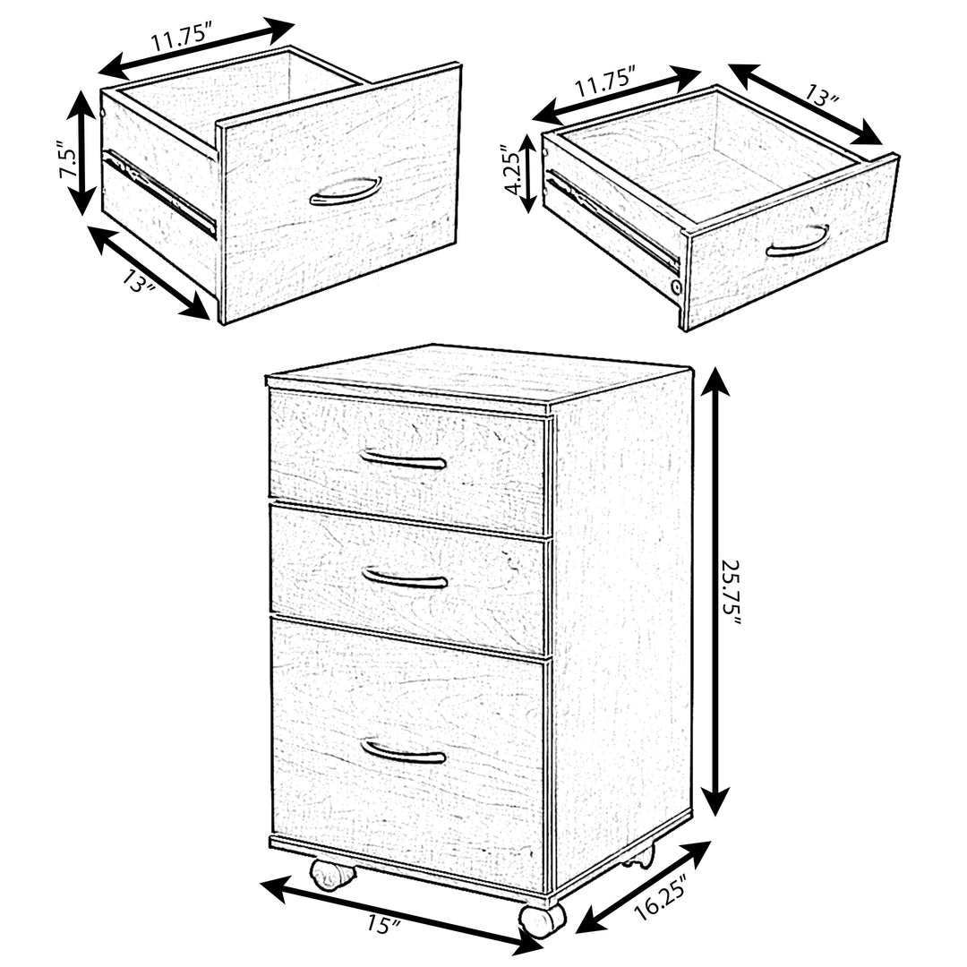 Mobile File Organizer Cabinet 3 Drawers Rolling Casters Wood Home Office Storage Image 11