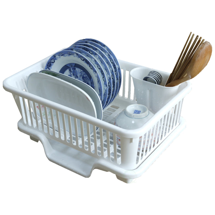 Heavy Duty Plastic Dish Drying Rack Set White Large Drainer with Utensil Cup Image 1