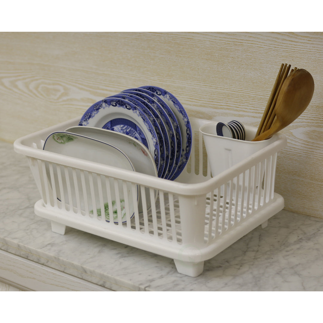 Heavy Duty Plastic Dish Drying Rack Set White Large Drainer with Utensil Cup Image 6