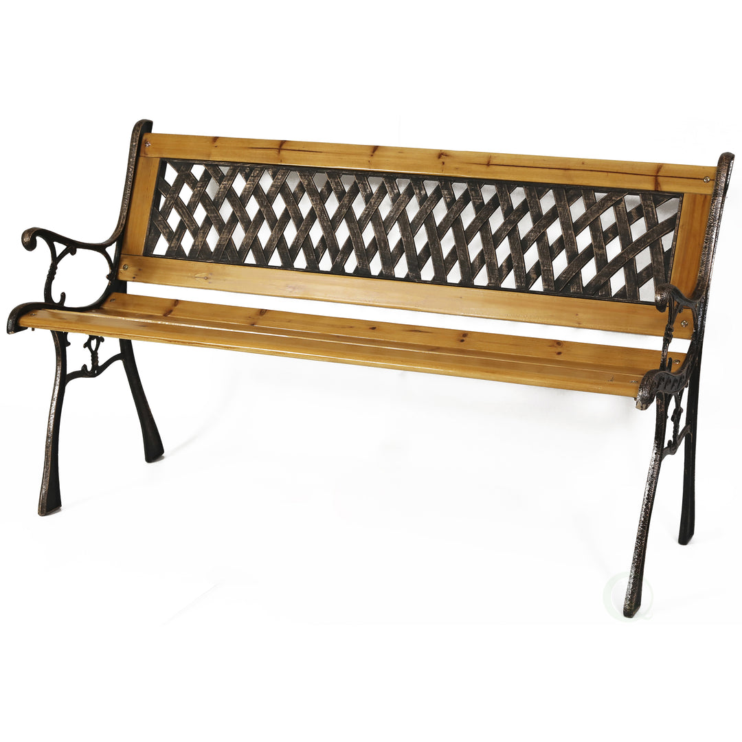 Gardenised 49in Outdoor Wooden Bench Steel Frame PVC Back Patio Yard Seating Image 1