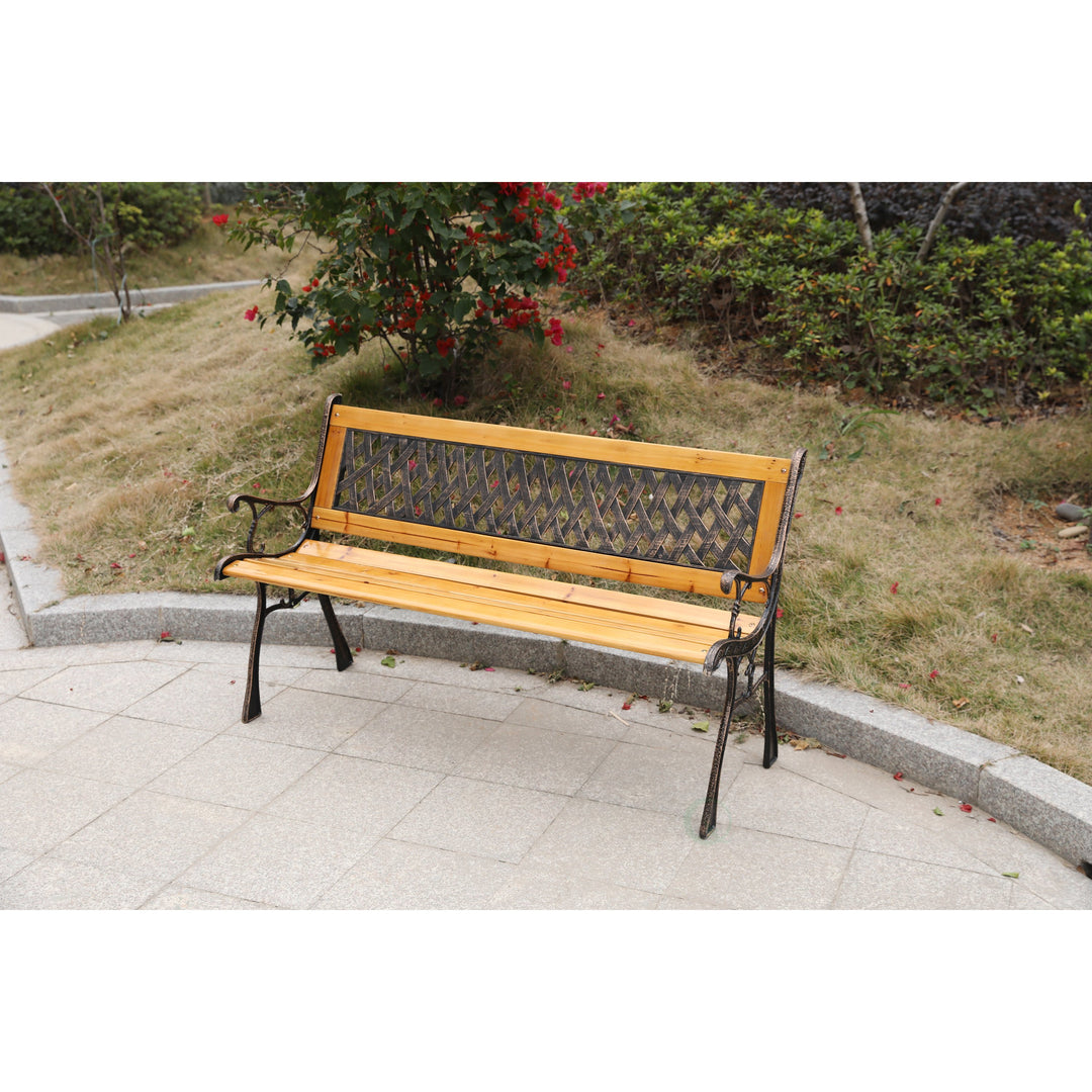 Gardenised 49in Outdoor Wooden Bench Steel Frame PVC Back Patio Yard Seating Image 2