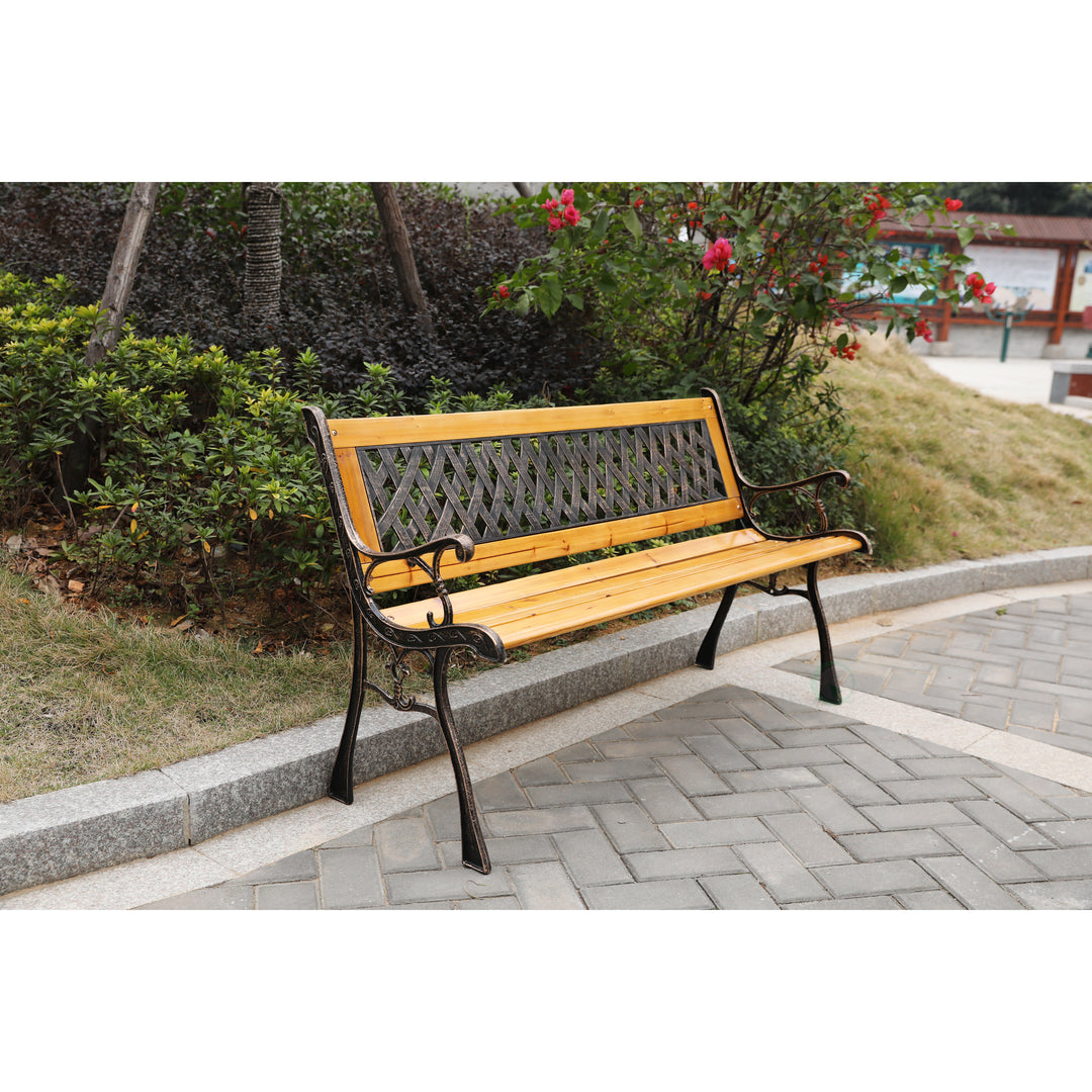 Gardenised 49in Outdoor Wooden Bench Steel Frame PVC Back Patio Yard Seating Image 3