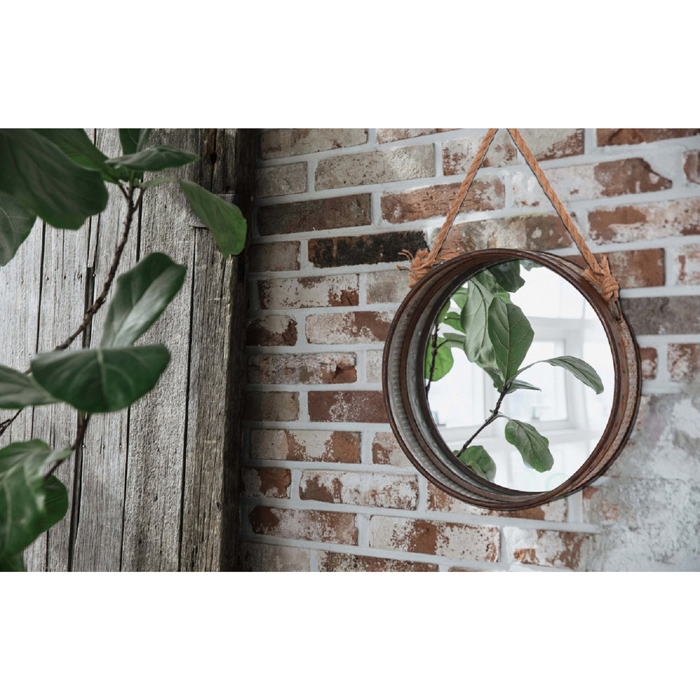 Galvanized Metal Framed Round Wall Mirror with Rope Image 2