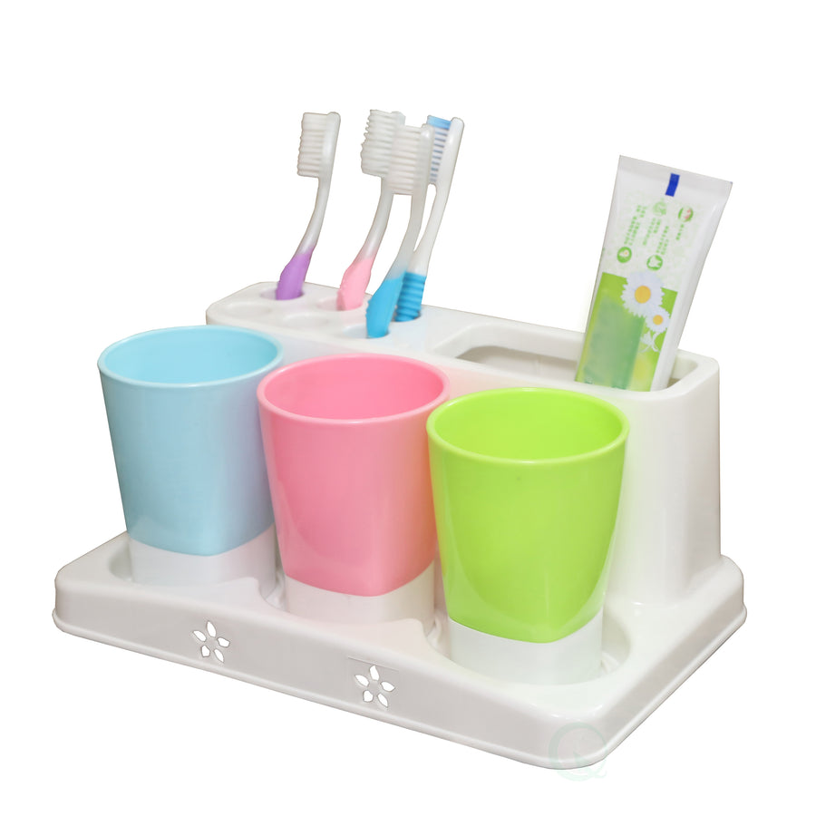 Family Size Toothbrush Holder with Toothpaste and 3 Rinsing Cups Space Saver Image 1