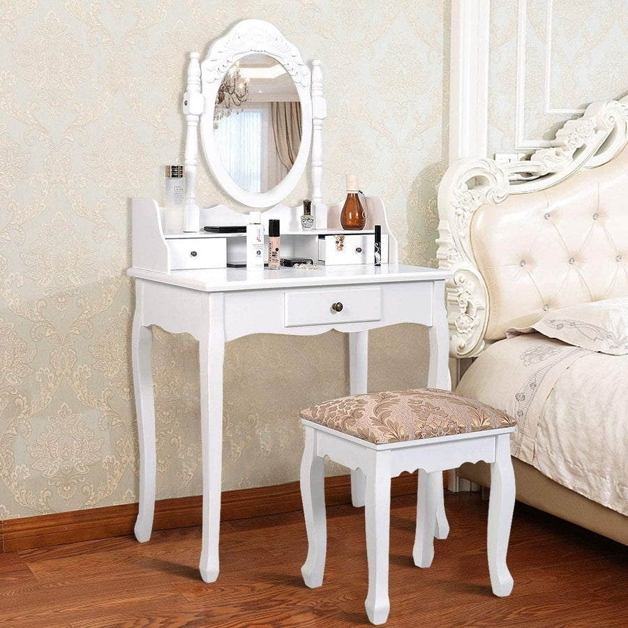 Vanity Set with Oval Mirror and Cushioned Stool, Wood Dressing Table with 3 Drawers and Storage Shelf Image 1