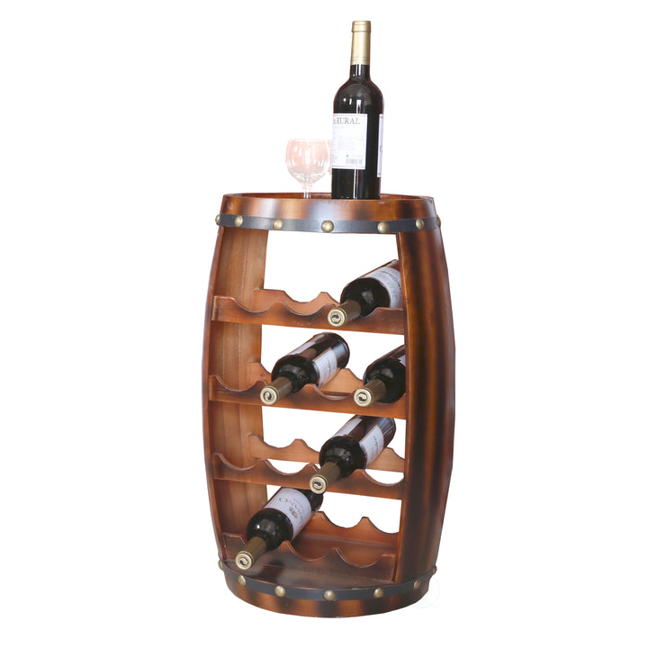 Wooden Barrel Wine Rack 14 Bottle Capacity 13x13x24.5 Inches Freestanding Storage Image 1