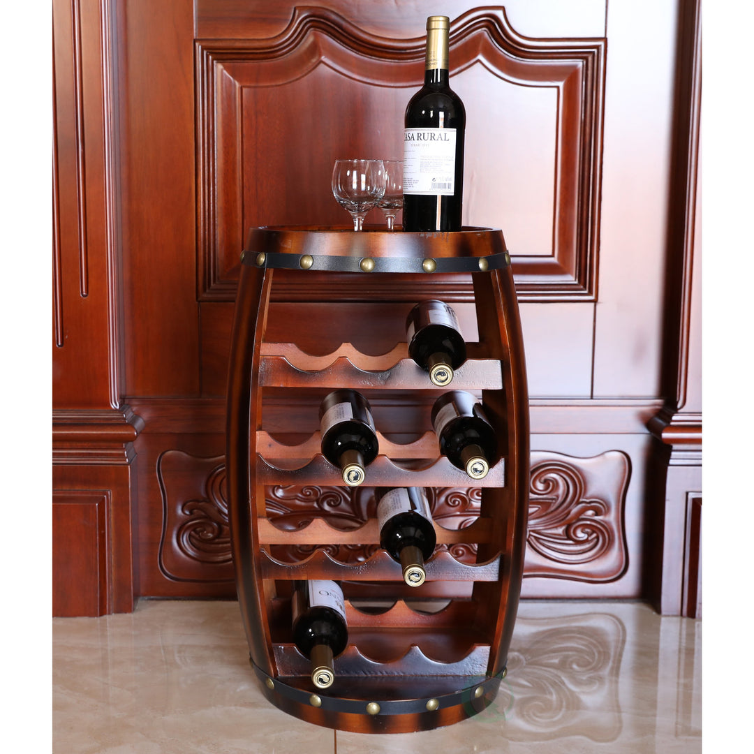 Wooden Barrel Wine Rack 14 Bottle Capacity 13x13x24.5 Inches Freestanding Storage Image 2